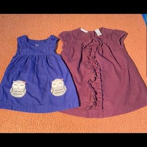 2 corduroy dresses, blue w/owl 3 mo, purple is 3-6